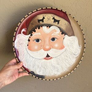 Vintage hand painted Santa‎ Claus on wood plate decor wall hanging centerpiece